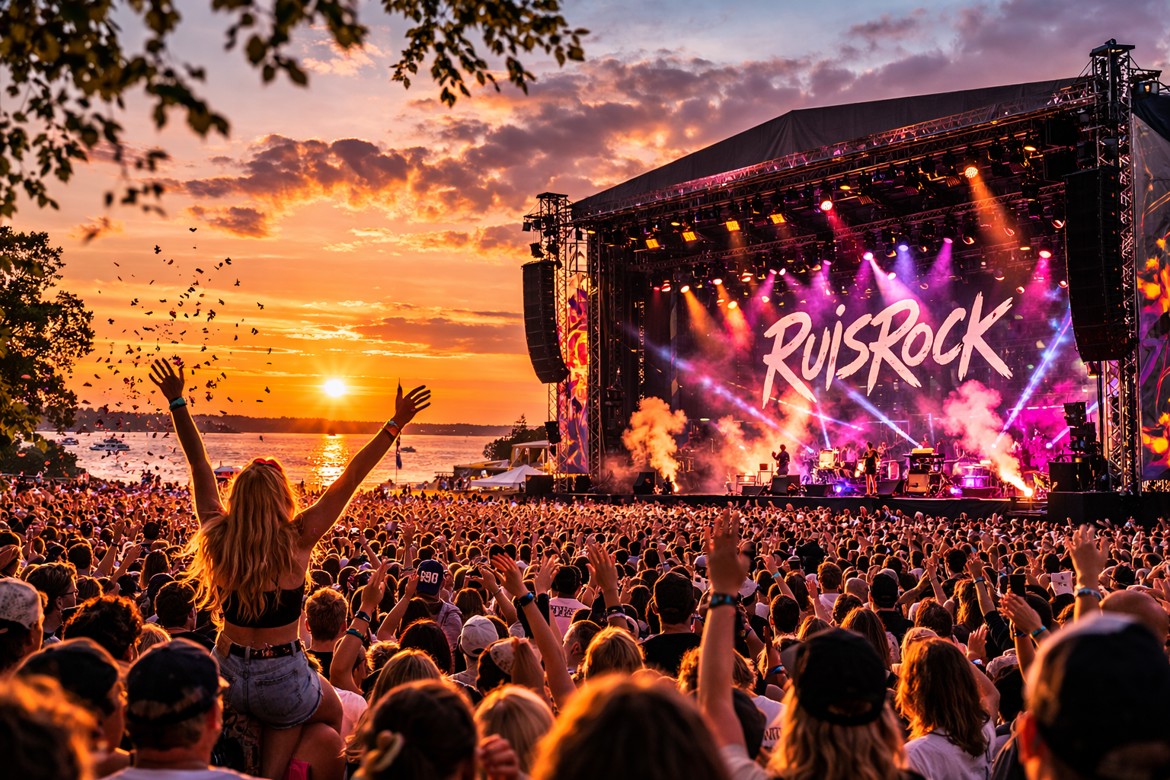 Rantalava auringonlaskun aikaan.