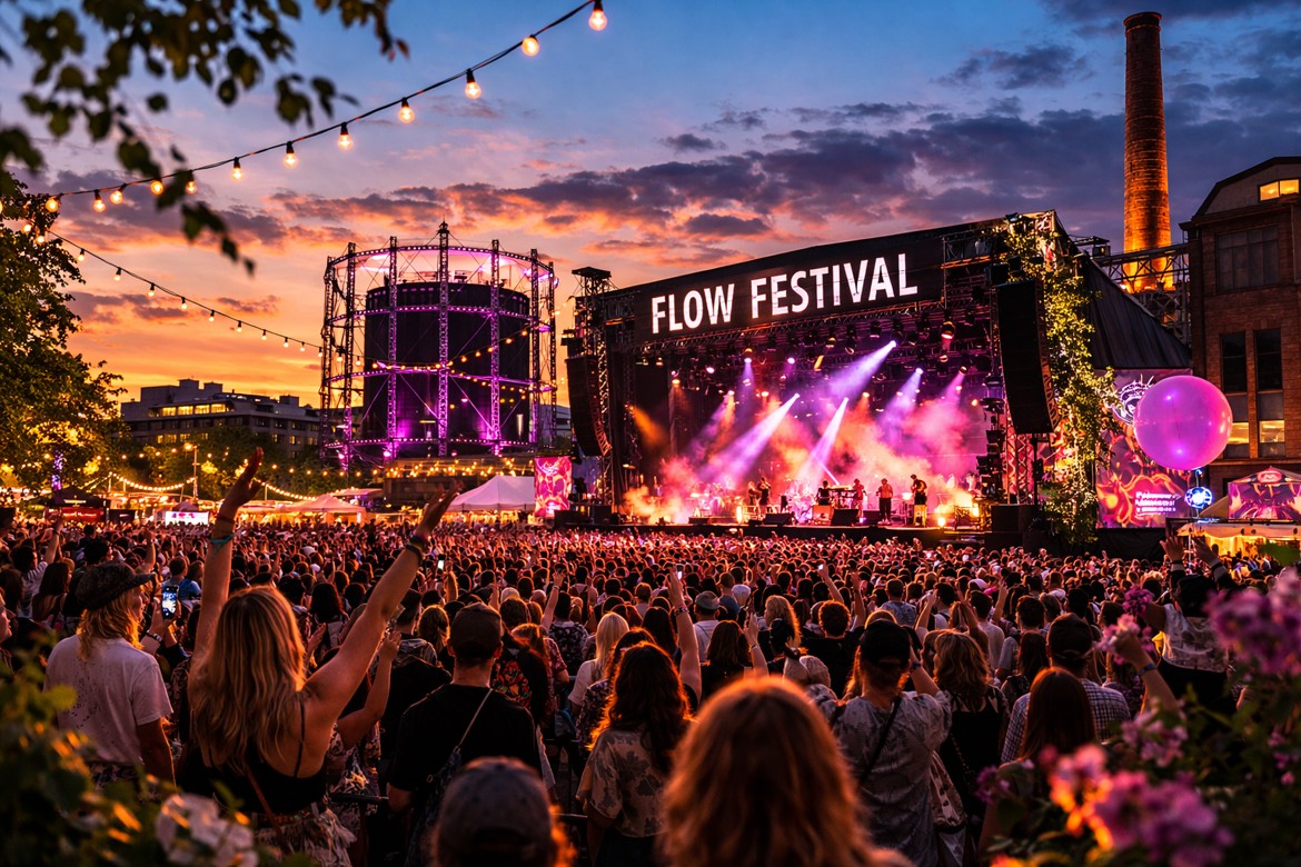Flow Festivaali yötaivaan loisteessa.