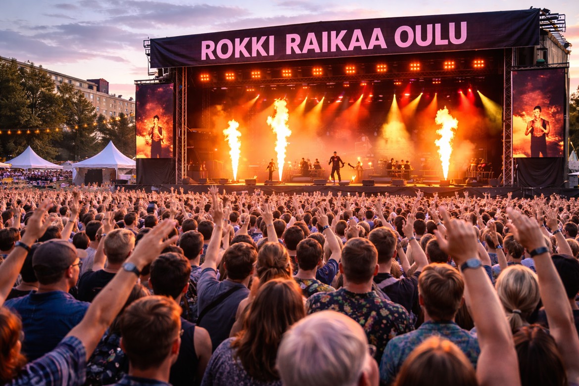 Rokkifestivaali Oulussa kesäillassa.