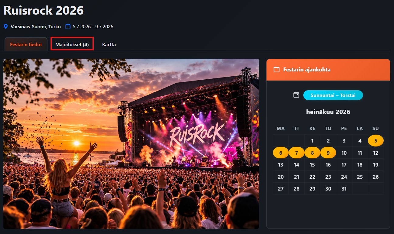 Festarin Majoitukset-välilehti