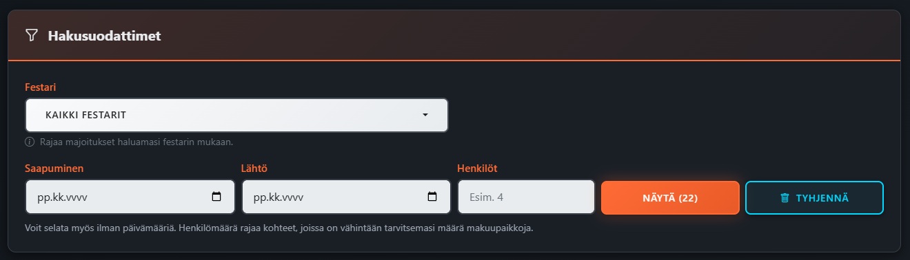 Festarimajoitusten haku. Voit rajata tuloksia festarin, saapumis- ja lähtöpäivän sekä henkilömäärän mukaan.