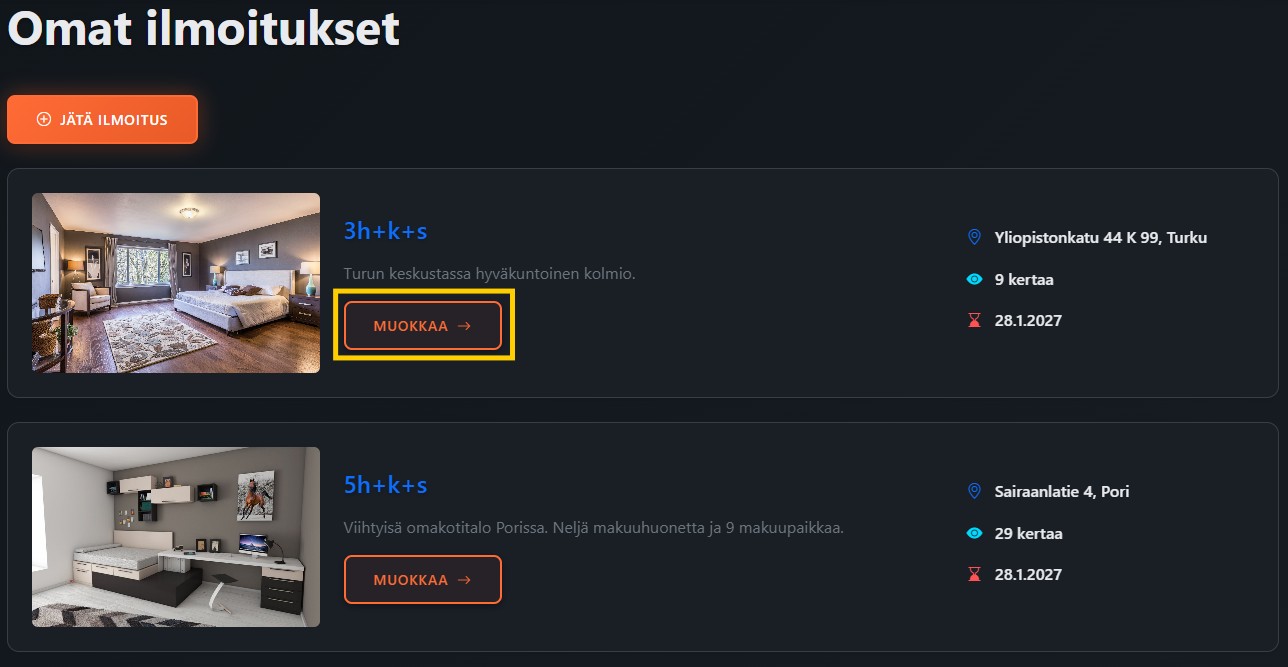 Ilmoituslistaus ja muokkaa-painike