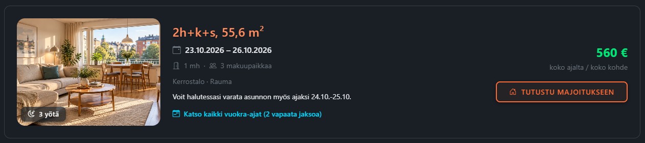 Avaa kohteen tiedot Tutustu majoitukseen -painikkeesta. Katso kaikki vuokra-ajat -linkistä näet kohteen vapaat jaksot. Hinta koskee koko tarjottua jaksoa ja koko kohdetta.