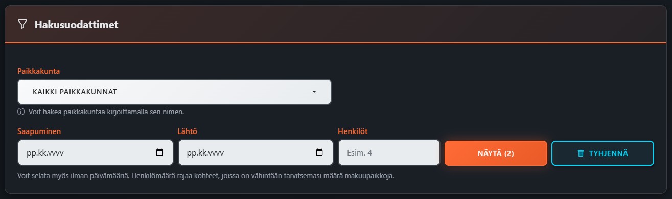 Muiden ajankohtien majoitushaku. Voit rajata tuloksia paikkakunnan, saapumis- ja lähtöpäivän sekä henkilömäärän mukaan.