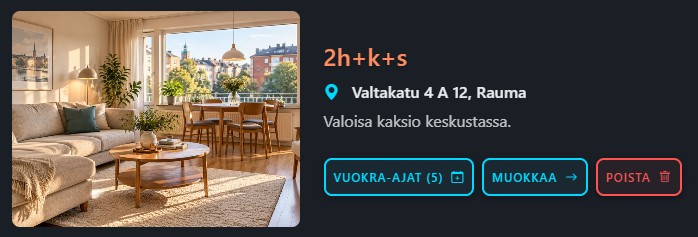 Avaa vuokra-aikojen hallinta Vuokra-ajat-painikkeesta. Muokkaa-painikkeesta pääset muuttamaan ilmoituksen tietoja ja hallitsemaan kuvia. Poista-painikkeella poistat ilmoituksen.