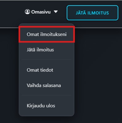 Omat ilmoitukset -linkki Omasivu-valikossa