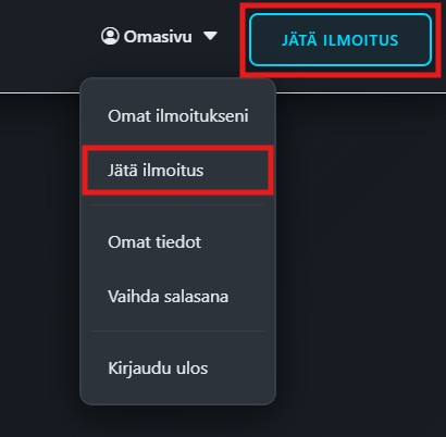 Jätä ilmoitus -linkki Omasivu-valikossa