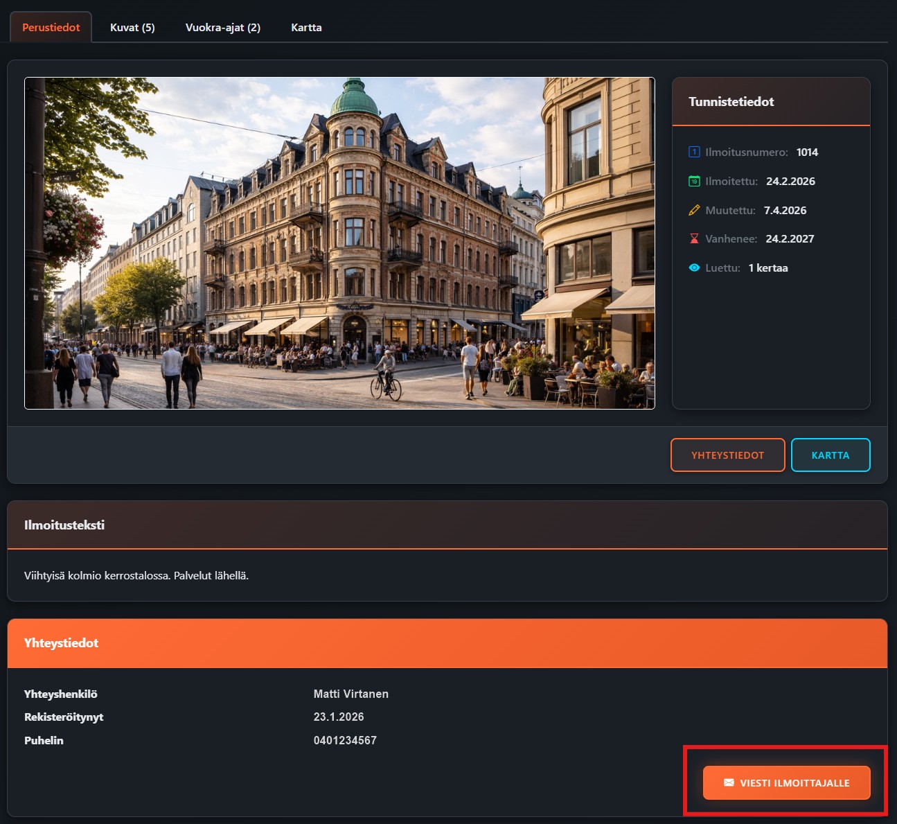 Viesti ilmoittajalle -painike