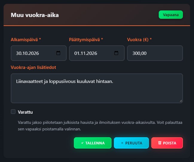Muuta jakson tietoja ja paina Tallenna. Varattu-valinta piilottaa jakson julkisista hauista ja ilmoituksen vuokra-ajoista. Voit palauttaa jakson vapaaksi poistamalla valinnan ja tallentamalla.
